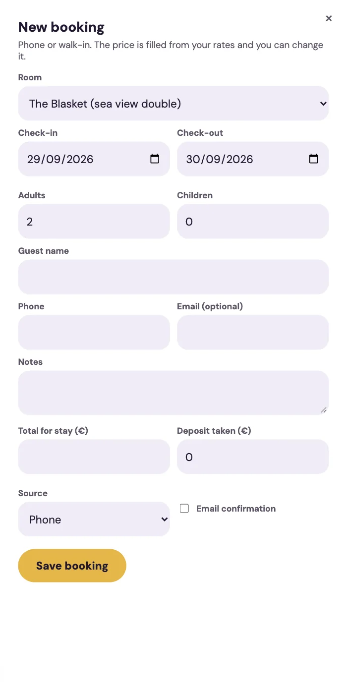 The Add a booking form for a phone or walk-in guest, with room, dates, guest details and deposit