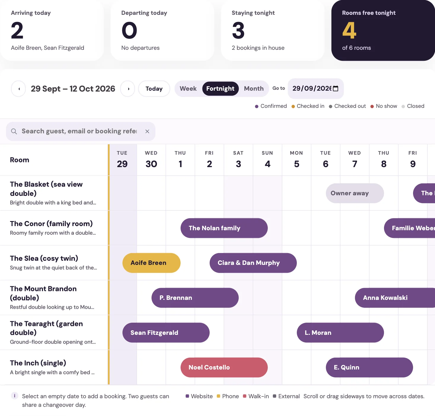 The BedBook owner dashboard: the booking diary with rooms down the side and dates across the top