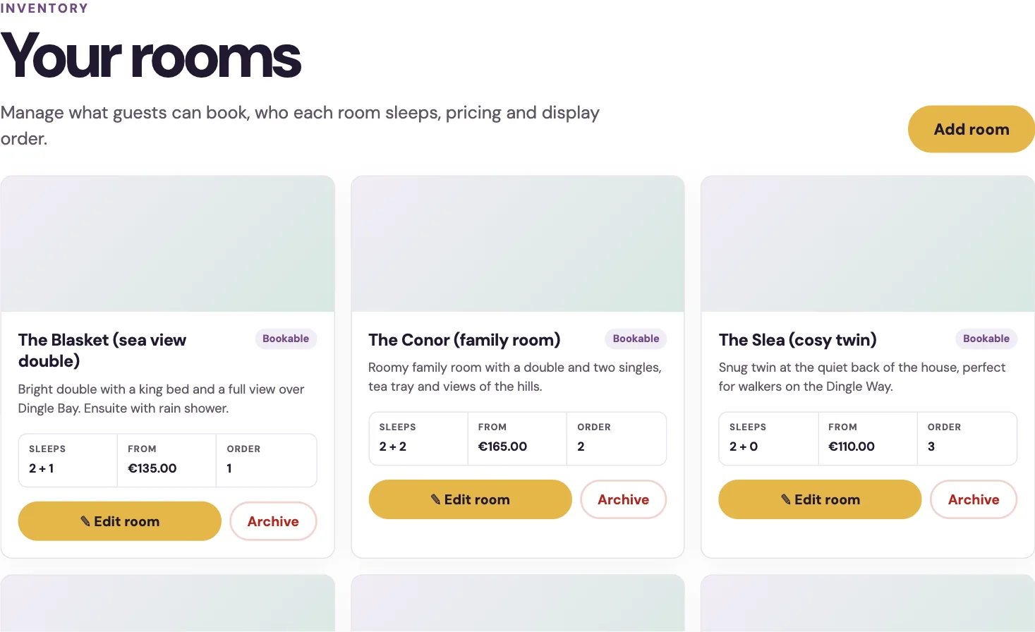 The Rooms tab showing each room as a card with who it sleeps, its nightly price and edit controls