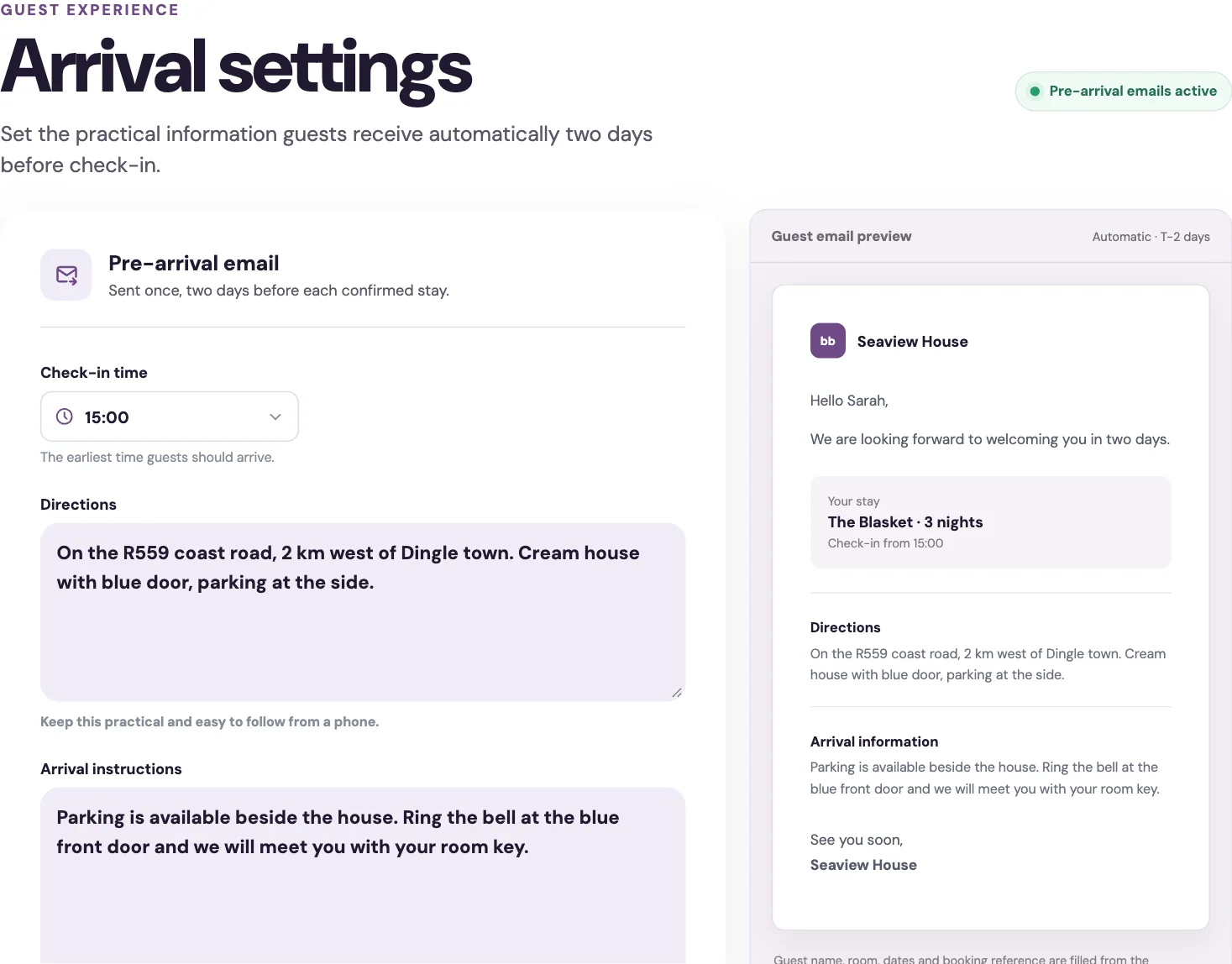 Arrival settings where you set the check-in time, directions and arrival instructions used in the pre-arrival email